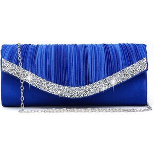 Women's Formal Satin Rhinestones Wedding Party Prom Dressy Blue Clutches Bag